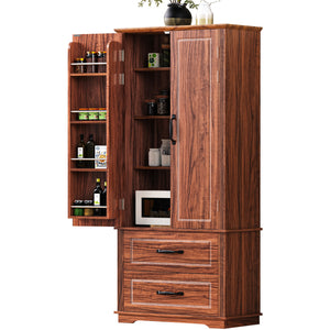 English Elm K&K 71" Farmhouse Pantry Cabinet with Embossed Texture, 2 Drawers, 8 Door Racks, Adjustable Shelves, Anti-Tip Stability Brown N707P254905Z