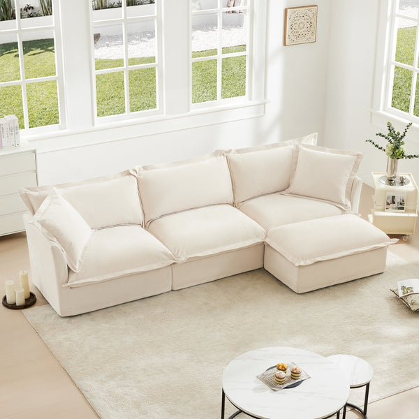 English Elm L-Shaped Slipcovered Sectional Sofa – Plush Chenille Couch With Convertible Ottoman & Pillows, Cream W3041S00006