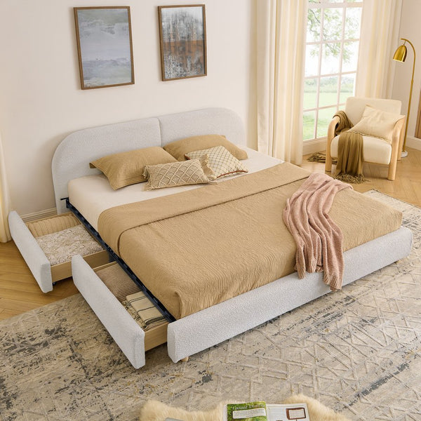 English Elm King Upholstered Storage Bed Curved Headboard Circle Yarn Fabric Modern Minimalist Frame Beige W487S00473
