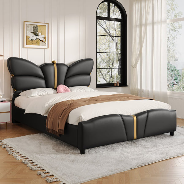 English Elm Christopher Knight Home® - Full Upholstered PU Leather Bed Frame with Butterfly Headboard, Gold Accents, Solid Wood Platform Black 78.25 L x 10 W x 3.25 H N761S0000018B