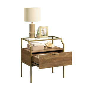 English Elm Night Stand - Contemporary Brown Finish With Metal Frame, Glass Top & Versatile Storage Solutions B356P402578