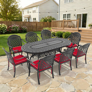 English Elm 9-piece Cast Aluminum Outdoor Dining Set with Carved Detail and Weather Resistant Cushions W1710S00645