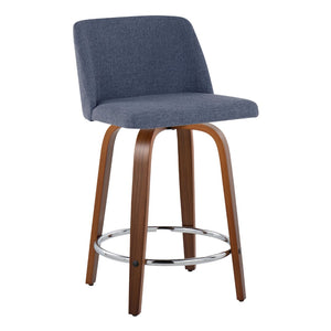 English Elm Toriano 24" Mid-Century Modern Counter Stool Set Of 2 – Swivel Blue Fabric With Walnut Legs & Chrome Footrest B202S00102-GIGA