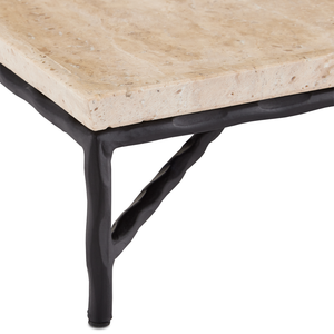 Boyles Travertine Tray with Unique Pitting and Forged Iron Base - Modern Natural Home Accent