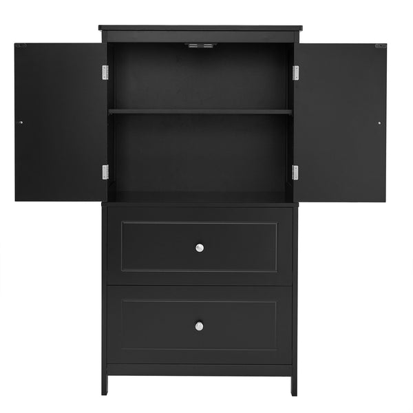 English Elm Bathroom Storage Cabinet with Two Doors and Drawers, Adjustable Shelf, MDF Finish, Slim 28"L x 15"W Black N725P188460B