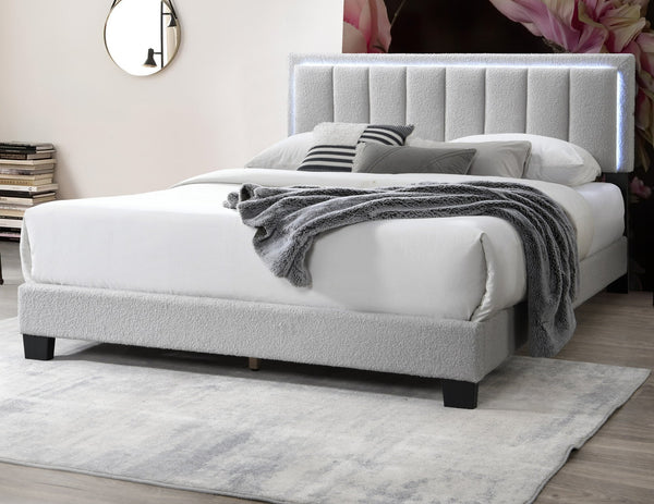 English Elm 1pc Full Upholstered Platform Bed Wool Fabric Channel Tufted Headboard with Led Lighting Light Gray B011P417511