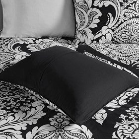 English Elm 7 Piece Cotton Comforter Set - Elegant Black Queen Collection With Damask Design & Luxury Accents B03597261