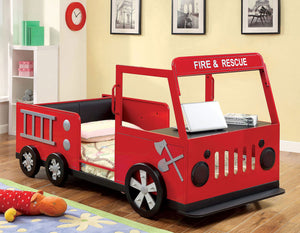 English Elm Modern Fire Truck Bed With Padded Headboard & Hidden Storage Compartment - Red & Black Design B2741S00509