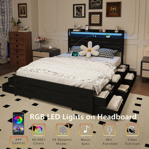 English Elm Queen-size Storage Platform Bed with Led Headboard 12 Drawers and Charging Station Black W5026P404146