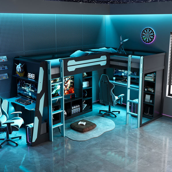 English Elm L-shaped Gaming Loft Bunk Bed Twin Wood Frame Rgb Lighting Usb Ports Storage Shelves Blue LT000295AAC