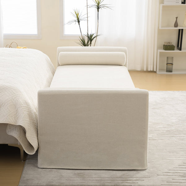 English Elm 88.58" Wide Chenille Upholstered Bench with Curved Armrests and Bolster Pillows for Bedroom Beige W3189S00027