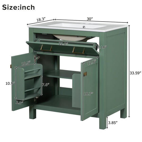 English Elm 30-inch Modern Bathroom Vanity with Ceramic Sink, Gold Accents, Solid Wood Frame, Soft-Close Doors and Ample Storage Green WF324045AAF