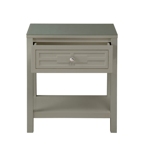 English Elm Dario Contemporary End Table with Tempered Glass Top Open Shelf and Storage Drawer Taupe B2749P413401