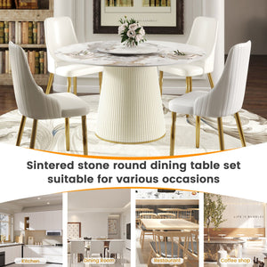 English Elm 53.15 Modern Round Dining Table With Rotating Turntable - Elegant White Sintered Stone For 6 People W1535S00452