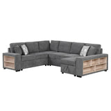 English Elm 109" U-Shaped Sectional Sofa Pull-Out Sofa Bed With Two Usb Ports, A Storage Chaise Lounge and Four Back Pillows For Living Room, Grey