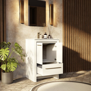 English Elm White Bath Vanity 24" W x 20" D with White Quartz Top, Soft-Close Storage & 18" x 24" Mirror B2731S01477