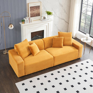 English Elm 104.72-inch 4-seat sofa with four washable throw pillows, corduroy comfort fabric, solid wood frame, 500lb capacity and modern living room style Orange W1658S00145