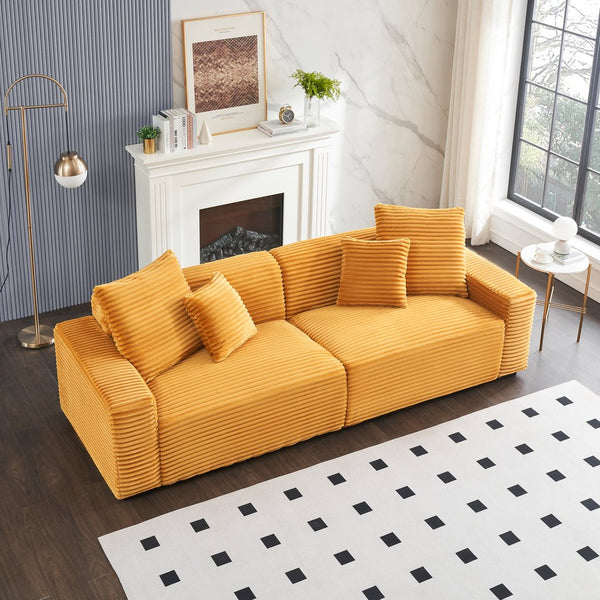English Elm 104.72-inch 4-seat sofa with four washable throw pillows, corduroy comfort fabric, solid wood frame, 500lb capacity and modern living room style Orange W1658S00145