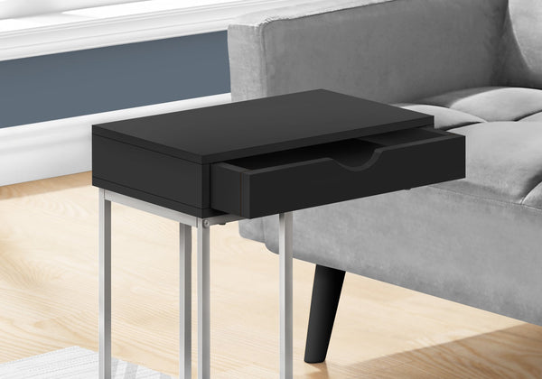 English Elm Accent C-shaped End Table with Sliding Base and Storage Drawer — Contemporary Metal Frame Design Black 23 L x 17 W x 3 H B2710P219422
