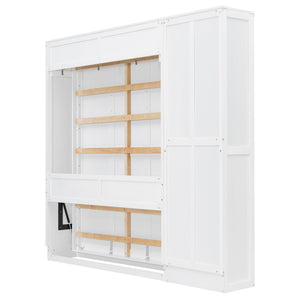 English Elm Queen Murphy Wall Bed with Side Shelving Folds Flush Into Mdf Cabinet for Studio Rooms White LP000697AAK-2