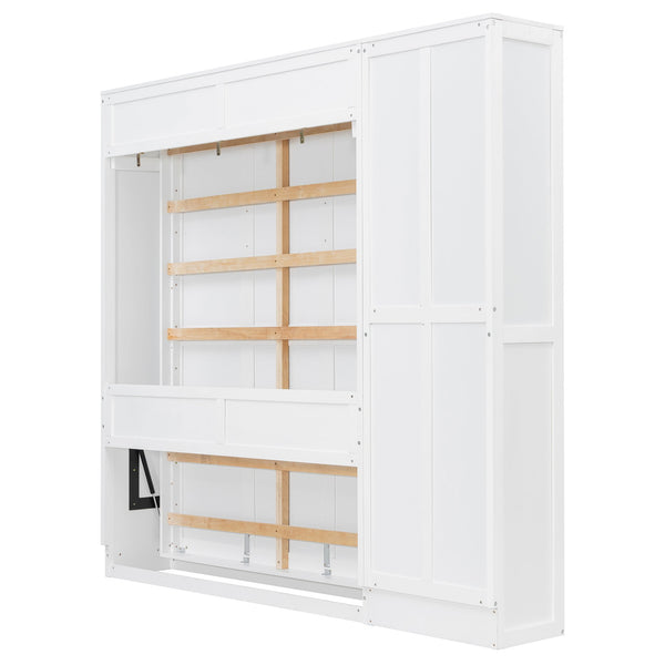 English Elm Queen Murphy Wall Bed with Side Shelving Folds Flush Into Mdf Cabinet for Studio Rooms White LP000697AAK-2