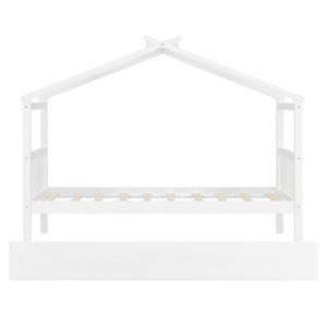 English Elm Twin House Bed Solid Pine Cottage Frame with Pull Out Trundle for Kids Bedroom White N708P309238K