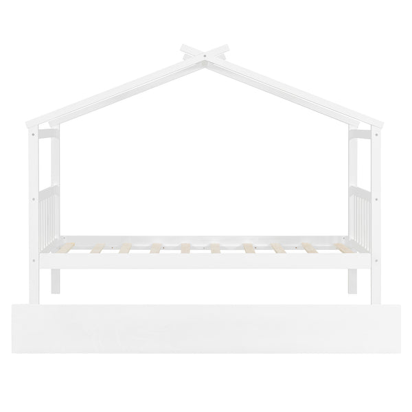 English Elm Twin House Bed Solid Pine Cottage Frame with Pull Out Trundle for Kids Bedroom White N708P309238K