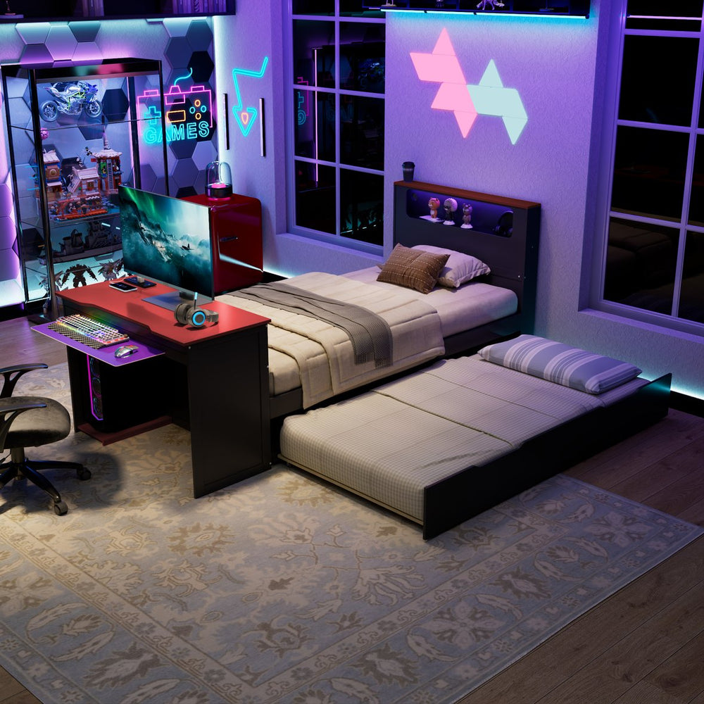 English Elm Twin Wood Gaming Daybed with Trundle Built-in Desk Rgb Lighting and Usb Port Black+Red LT000283AAR