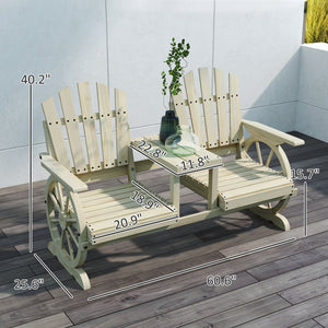 English Elm Stable Outdoor Fir Wood Bench with Wagon Wheel Legs and Built in Center Table T3971P446216