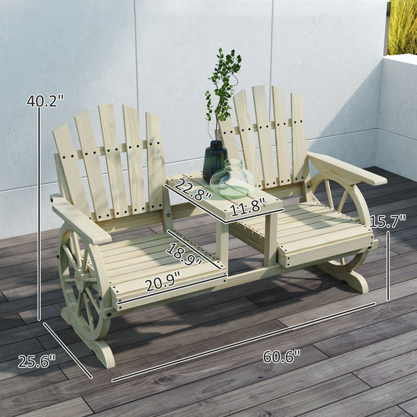English Elm Stable Outdoor Fir Wood Bench with Wagon Wheel Legs and Built in Center Table T3971P446216