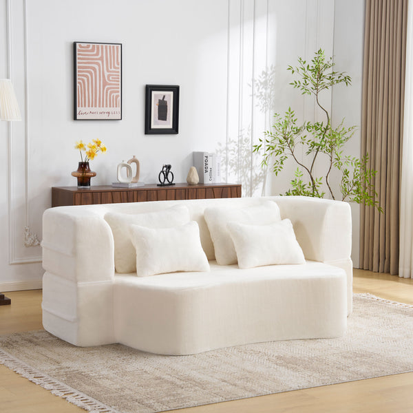 English Elm Queen Plush Floor Sofa Futon with 4 Pillows — Modern Foam Folding Couch Mattress for Living Room Guest Bedroom White W3612P336073