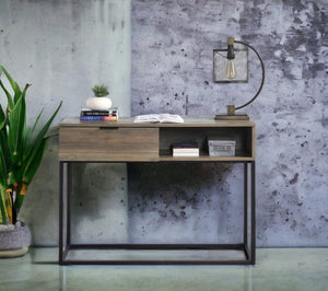 English Elm Galeno Rustic Oak Writing Desk with Black Metal Legs, Industrial Durable Composite Wood Storage﻿ B2726P243694