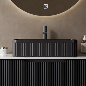 English Elm 20'' Ceramic Vessel Sink 20'' Rectangular Striped Basin Glossy French-Style Rim Durable Easy-Clean Black W2615P193352