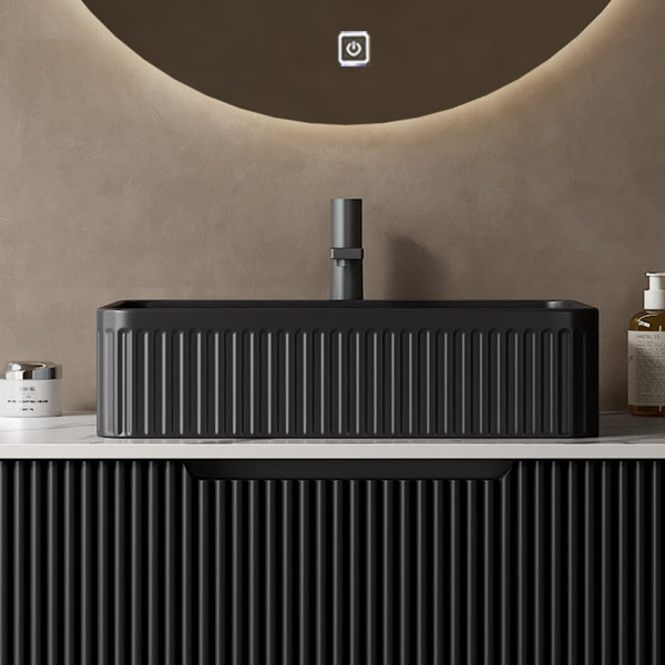 English Elm 20'' Ceramic Vessel Sink 20'' Rectangular Striped Basin Glossy French-Style Rim Durable Easy-Clean Black W2615P193352