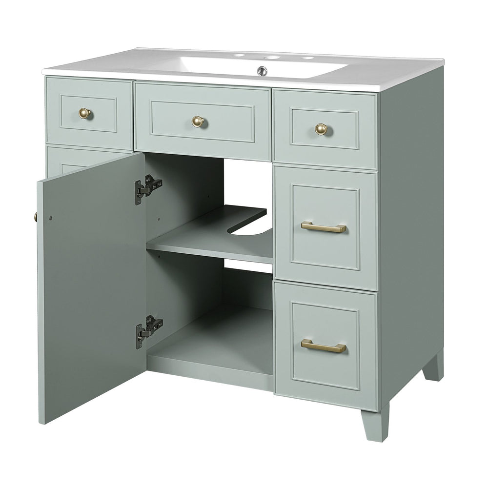English Elm 36" Green Bathroom Vanity with Ceramic Sink, Gold Handles, Soft-Close Drawers & Adjustable Shelf N729P257304F