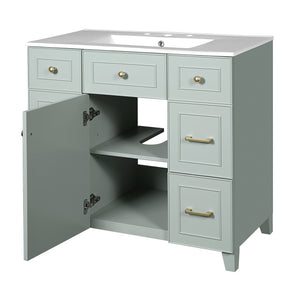 English Elm 36" Green Bathroom Vanity with Ceramic Sink, Gold Handles, Soft-Close Drawers & Adjustable Shelf N729P257304F