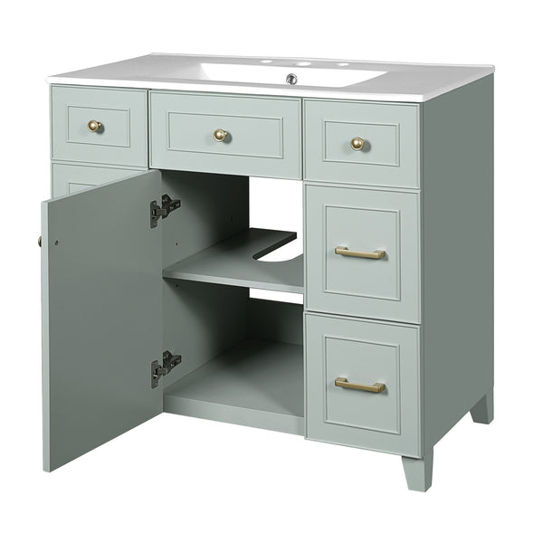 English Elm 36" Green Bathroom Vanity with Ceramic Sink, Gold Handles, Soft-Close Drawers & Adjustable Shelf N729P257304F