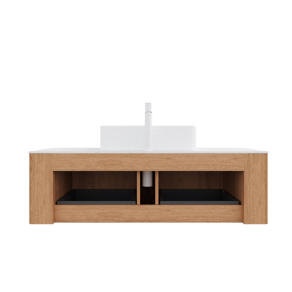 English Elm Dina Floating Bathroom Vanity with Crystal Glass Basin and Sintered Stone Top Carrara White,Natural Wood,White W2615S00162