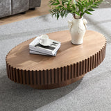 English Elm Modern Handcraft Drum Coffee Table Length 43.7 Inch Ellipse Coffee Table For Living Room,Oval Small Coffee Table With Sturdy Pedestal,Walnut Mdf