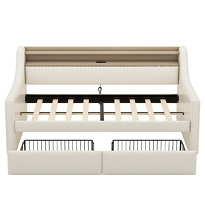 English Elm Twin Size Daybed With Storage Drawers, Led Lights & Charging Station – Stylish Beige Upholstered Design W1580S00022-GIGA