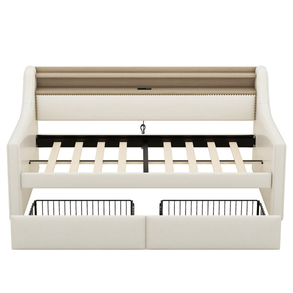 English Elm Twin Size Daybed With Storage Drawers, Led Lights & Charging Station – Stylish Beige Upholstered Design W1580S00022-GIGA