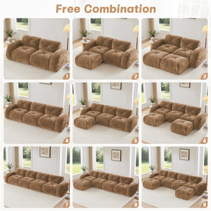English Elm Three Seater Chenille Sofa with Ottoman Solid Wood Base Tufted Arms Living Room Camel W714S01635