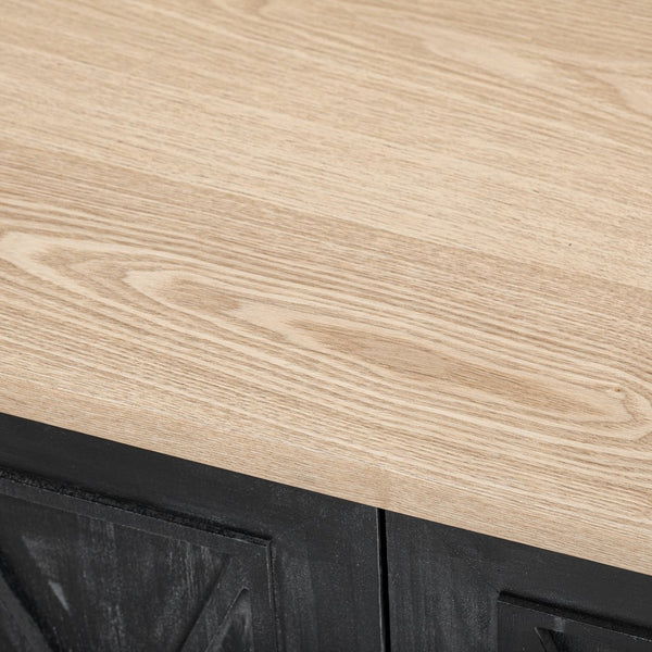 English Elm K&K Farmhouse Kitchen Island with Geometric Twill Doors, ASH Bark Top, Drop Leaf & Lockable Wheels Black N707P221444B