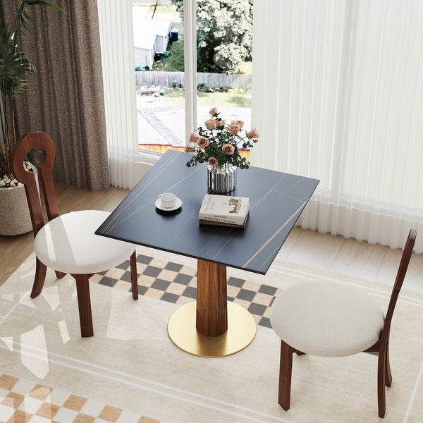 English Elm Modern Square Dining Table - 33.5" Space-Saving Sintered Stone Top With Wooden Legs & Gold Base W1535S00595