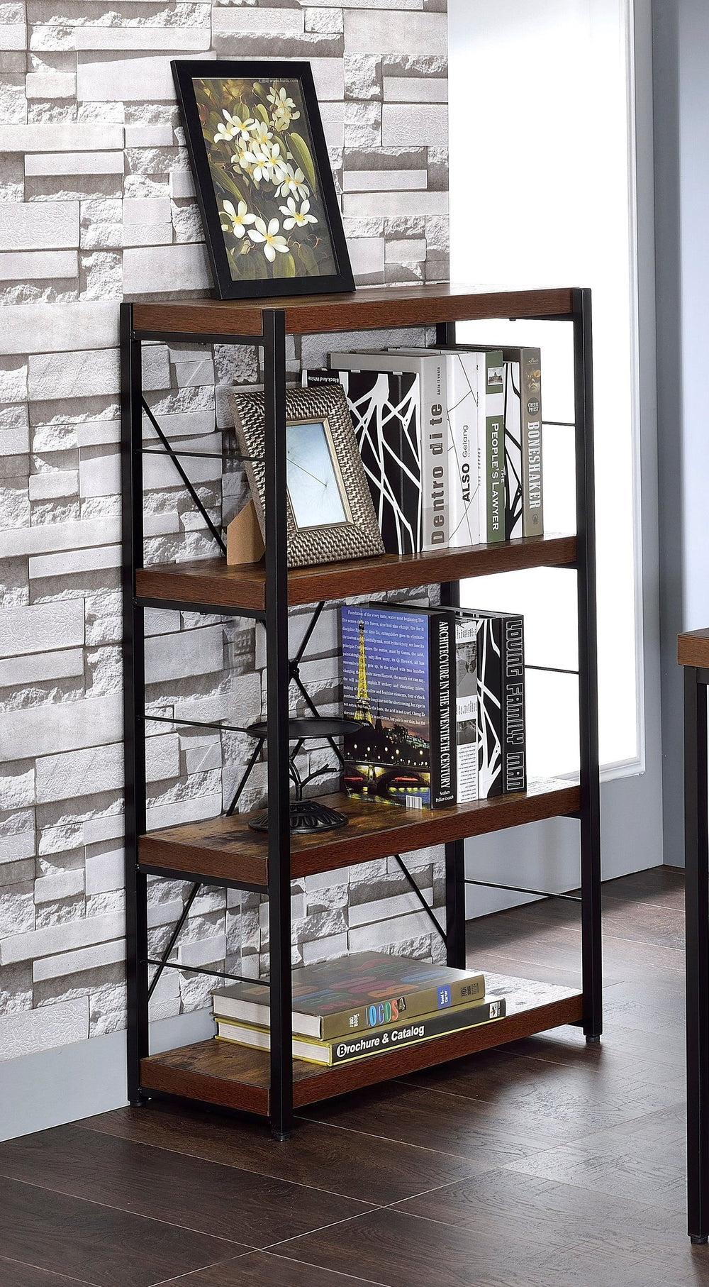 English Elm Weathered Oak modern 3-tier bookshelf with black metal legs, 4 fixed shelves, sturdy paper veneer display (43.5"H x 24.5"W x 11.5"D) B062P184586