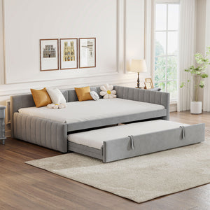 English Elm Full L-Shaped Upholstered Daybed with Twin Pop-Up Trundle, Vertical Stripe Design, Cozy Lounge Style (98) Gray SF000191AAE