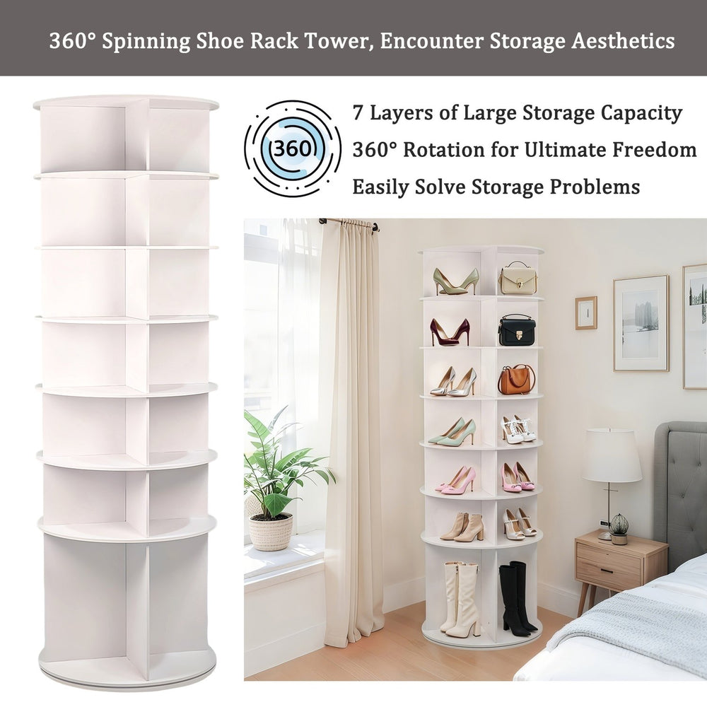 English Elm 7 Tier Rotating Shoe Rack Tower with Boot Slot, 360° Spinning Organizer Holds 28 Pairs, White W3204P300607