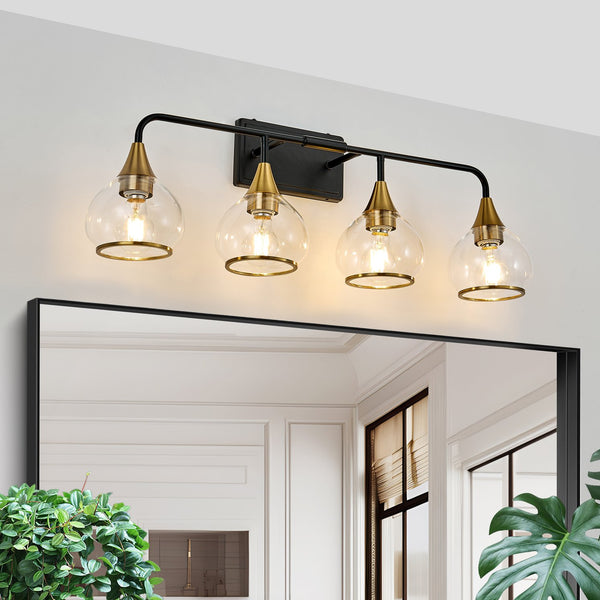English Elm 31" Modern 4-Light Vanity Wall Sconce - Industrial Black & Gold Fixture With Clear Shades For Bright Spaces W2312P374981