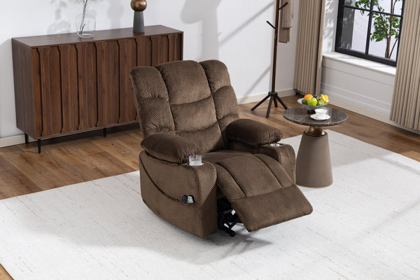 English Elm Ultra Wide Velvet Swivel Lounge Chair with Massage Heating and Powered Lift Assist Brown W547P425984