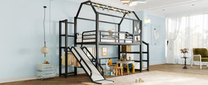 English Elm Twin House Loft Bed with Slide and Stairs, Metal Playhouse with Storage Shelves and Quiet Design Black W1580S00348